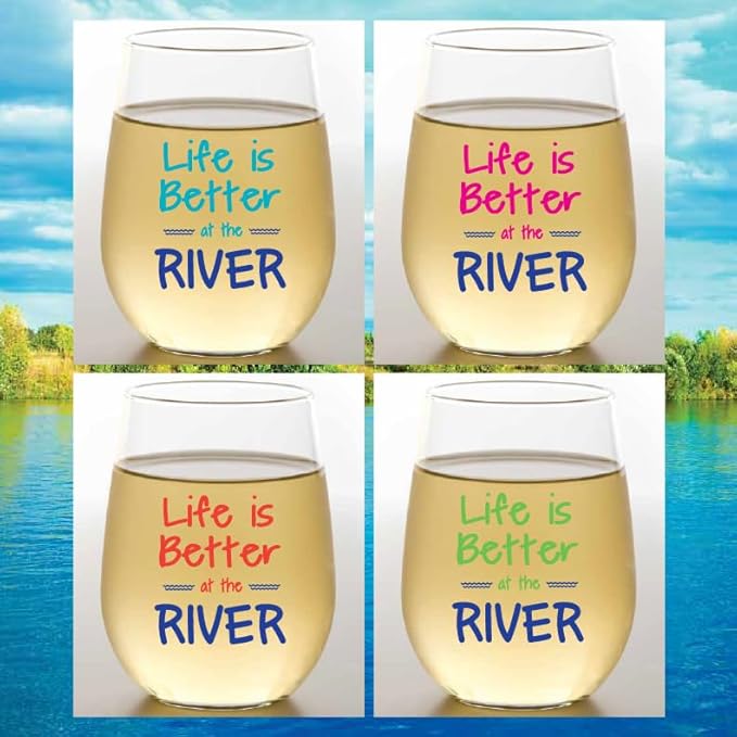 Set of 4 Shatterproof Designer 16 oz Plastic Wine Glasses MADE in the USA (RIVER)