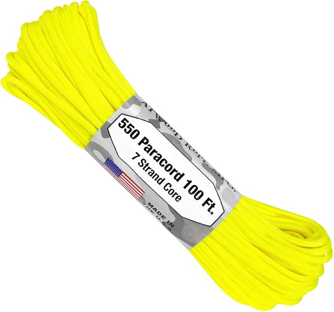 Atwood Rope MFG 550 Paracord 100 Feet 7-Strand Core Nylon Parachute Cord Outside Survival Gear Made in USA | Lanyards, Bracelets, Handle Wraps, Keychain (Neon Yellow)