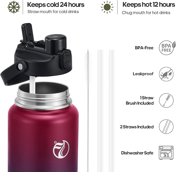 64oz Half Gallon Insulated Water Bottle with 2-in-1 Lid (Chug & Straw), Double Walled Vacuum Stainless Steel Water Bottles, Wide Mouth Leakproof Insulated Jug with Straw