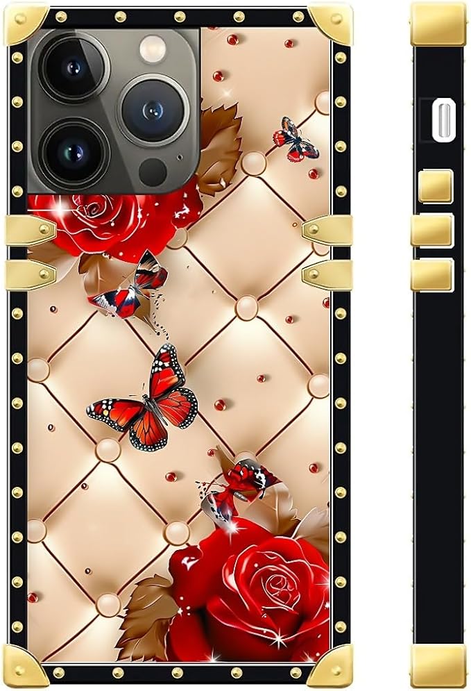 Compatible with iPhone 15 Pro Case, Shining Red Rose Butterfly Leather Background Luxury Golden Decoration for Girl Women Soft TPU Shockproof Protective Hard PC Back for iPhone 15 Pro
