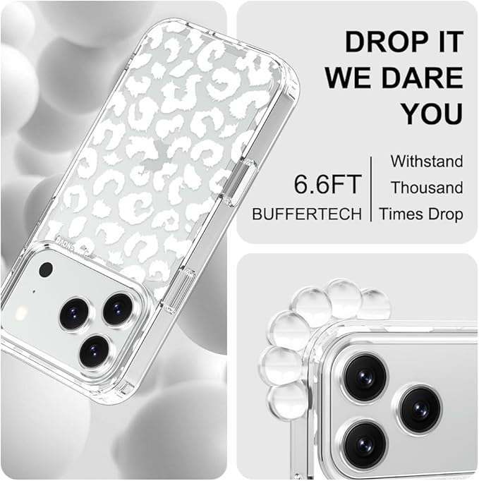 MOSNOVO for iPhone 17 Pro Case | Military Grade 6.6ft Drop Tested | Camera Control | Clear with White Leopard Print Design