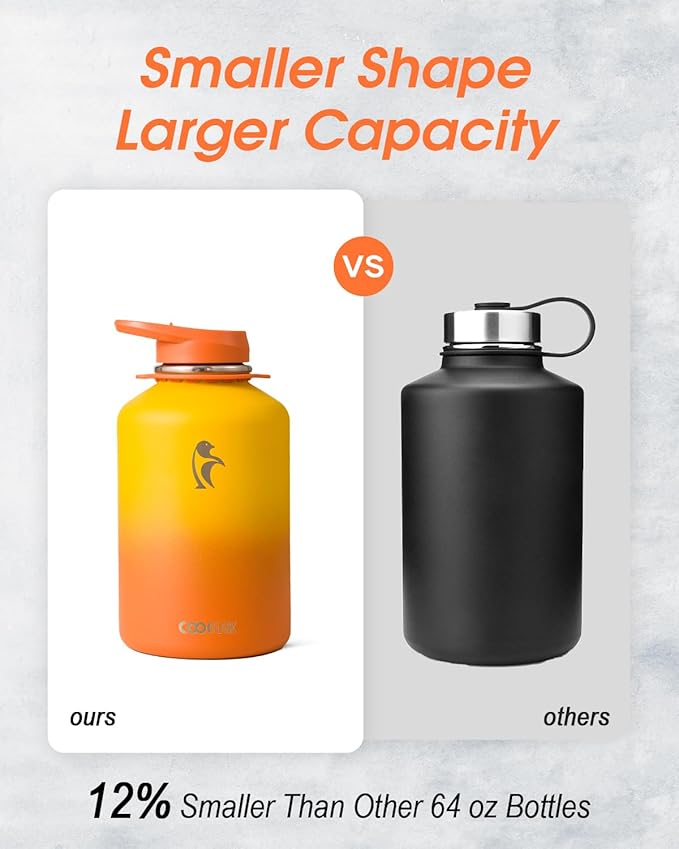 Coolflask Half Gallon Water Bottle with Strap, 64oz Insulated Water Jug Stainless Steel with Straw & Spout Lids, Metal Large Water Flask, Keep Cold 48h Hot 24h, Leak Proof, Non-BPA, Yellow/Orange