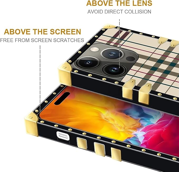 Compatible with iPhone 15 Pro Case, Black Red Beige Stripes Luxury Golden Decoration for Girl Women Soft TPU Shockproof Protective Hard PC Back for iPhone 15 Pro