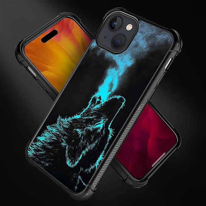 for iPhone 15 Plus Case, Blue Breathing Wolf Pattern Graphic Design Girl Boy Soft Silicone Hard Acrylic Shock Protection for iPhone 15 Plus