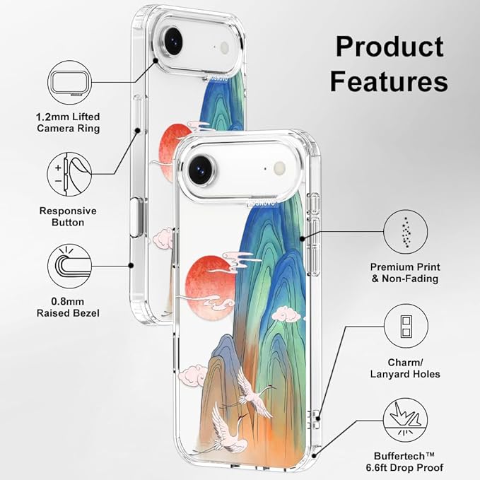 MOSNOVO for iPhone Air Case, Shockproof Military-Grade Protection 6.6ft Drop Tested, Camera Control, Clear Phone Case for iPhone 17 Air, Celestial Cranes Design