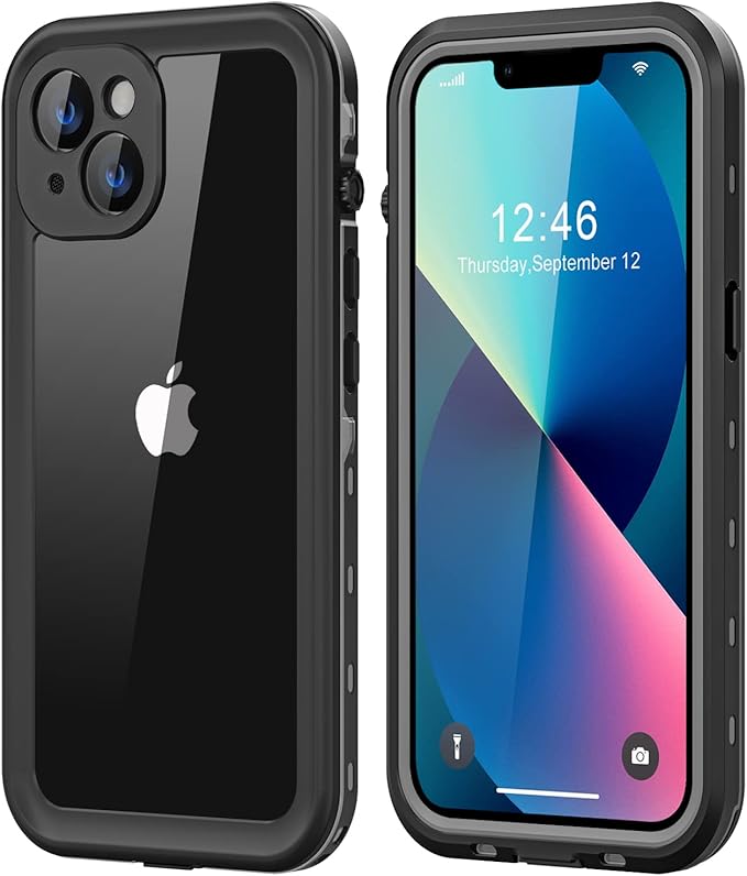 Protebox for iPhone 13 Waterproof Case with Built-in Screen Protector, Shockproof Dustproof Full Body Protective IP68 Waterproof Phone Case for iPhone 13 6.1 inch (Black/Clear)
