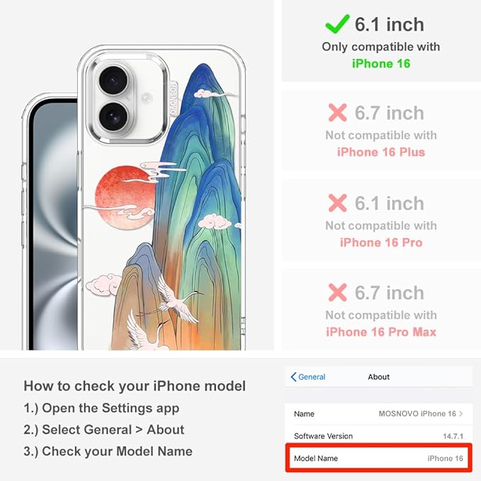 MOSNOVO for iPhone 16 Case, Shockproof Military-Grade Protection 6.6ft Drop Tested, Clear Phone Case for iPhone 16, Celestial Cranes Design