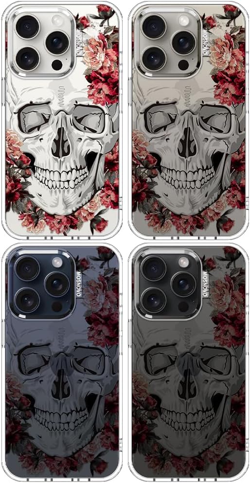 MOSNOVO Case for iPhone 15 Pro, [Buffertech 6.6ft Military-Grade Drop Protection] [Anti Peel Off Tech] Clear TPU Bumper Phone Case Cover Design - Red Flower Skull