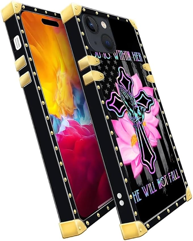 Compatible with iPhone 15 Case, Praying Cross Hands Luxury Golden Decoration for Girl Women Soft TPU Shockproof Protective Hard PC Back for iPhone 15