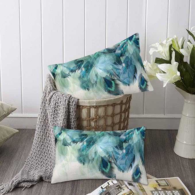 Peacock Feather 12 X 20 Pillow Covers Watercolor Gradient Blue Soft Halo Green Leaves Set of 2 Pillow Cases Rectangular Velvet Outdoor Pillowcases Decorative for Home Bed Sofa Couch Hotel