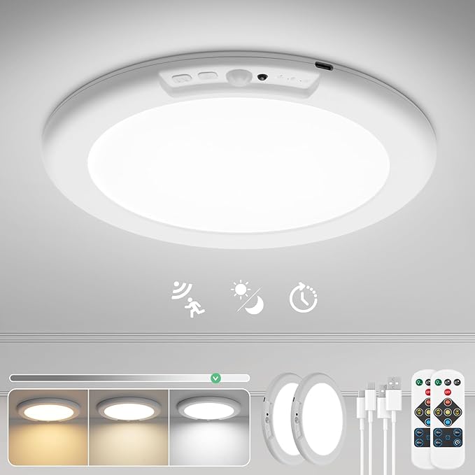 Bojim Rechargeable Ceiling Lights with Remote Wireless Battery Operated Motion Sensor Waterproof Shower Lighting, 3CCT & Dimmable Stick On Closet Overhead for Pantry Porch Renter Friendly 2 Pack