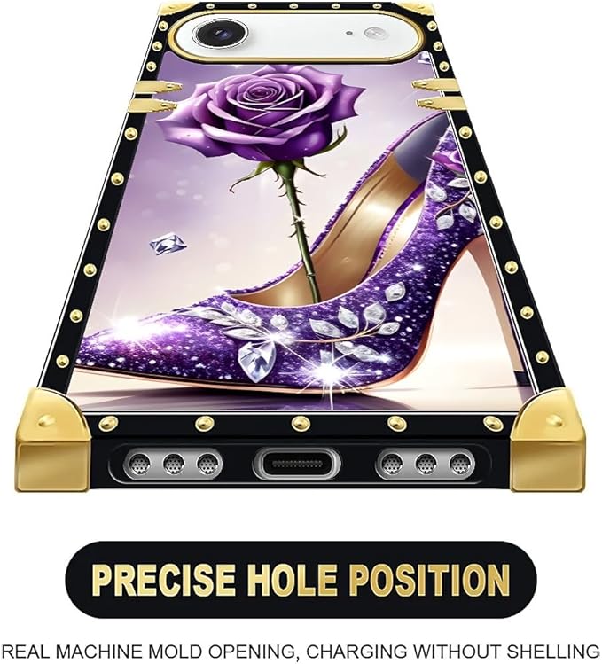 for iPhone 17 Air Case Luxury Golden Decoration for Girl Women Soft TPU Shockproof Protective Hard PC Back for iPhone 17 Air Crazy Pattern High Heeled Purple Diamond Rose