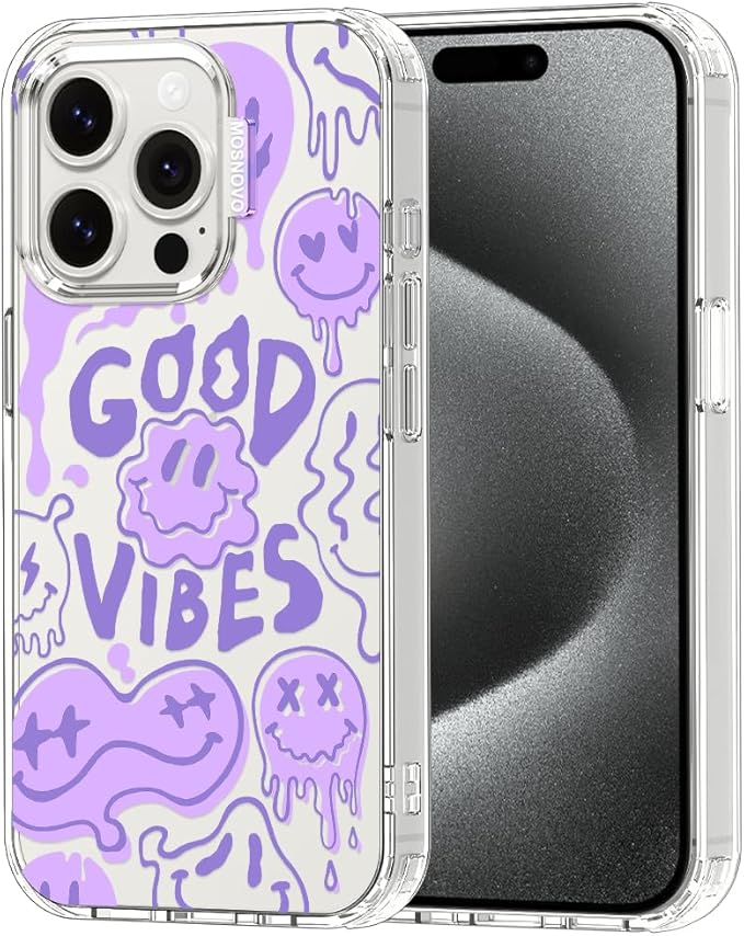 MOSNOVO Case for iPhone 15 Pro, [Buffertech 6.6ft Military-Grade Drop Protection] [Anti Peel Off Tech] Clear TPU Bumper Phone Case Cover Design - Good Vibes