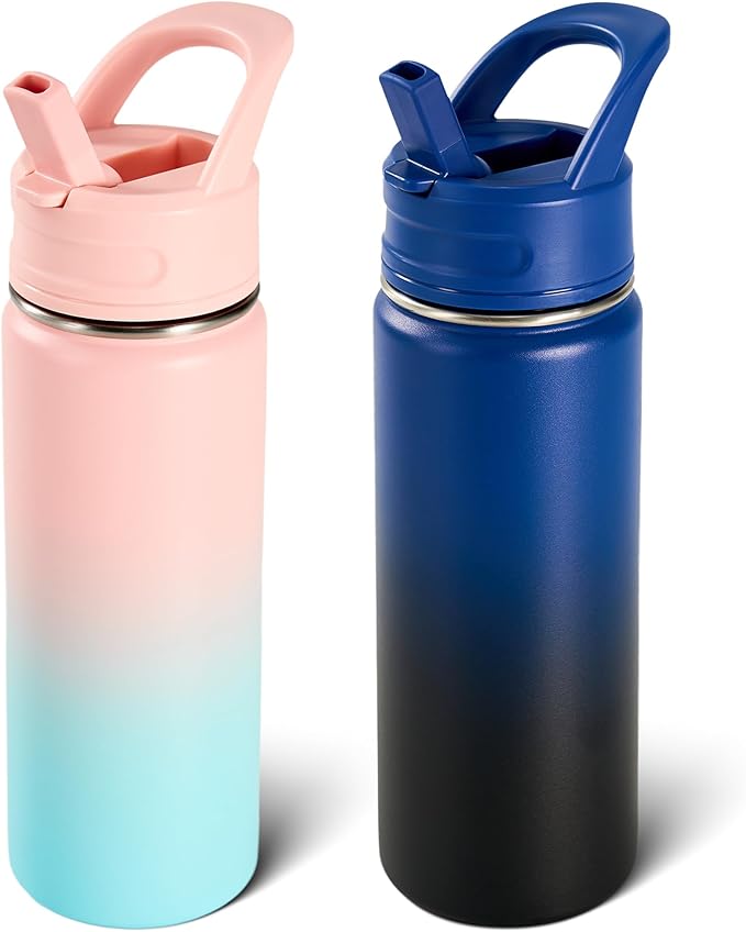 Fijinhom 2 Pack 18oz Insulated Stainless Steel Water Bottle with Straws, Double Wall Vacuum Insulated Bottles, Metal Thermo for Travel, Sports, Leak-Proof, BPA Free, Women & Men, Blue&Pink Gradient