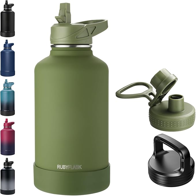 RUBYFLASK 64oz Insulated Water Bottle with Straw, Half Gallon Stainless Steel Vacuum Water Jug, Large Thermal Water Bottle Flask with Leakproof 3 Lids for Travel, Camping, Gym Sports Armygreen