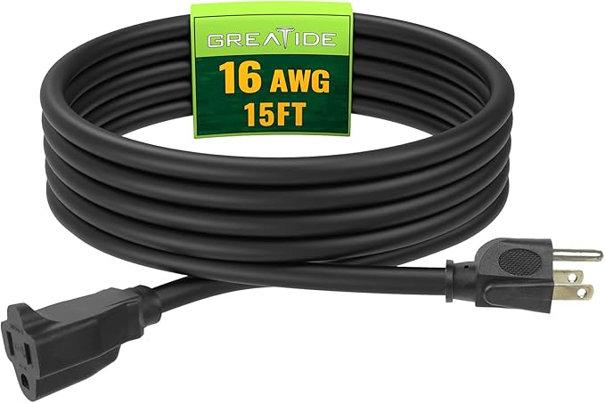 Indoor Outdoor Extension Cord 15 FT, 16/3 SJTW Weatherproof Black Electrical Cords, 13 AMP Heavy Duty 3 Prong Power Cable Great for Garden, Landscaping & Holiday Decorations