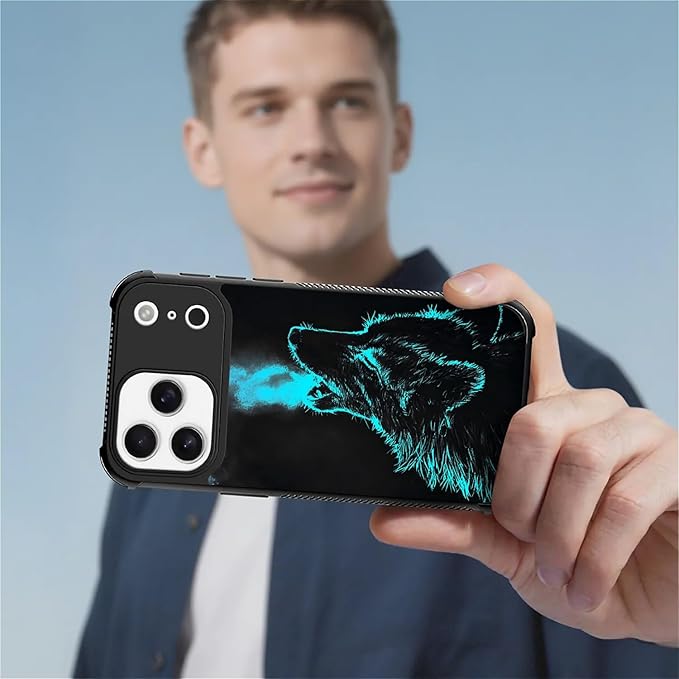 for iPhone 17 Pro Max Case,for MagSafe Graphic Design for Girl Boy Soft Silicone Hard Acrylic Shock Protection Designed for iPhone 17 Pro Max Blue Breathing Wolf Pattern