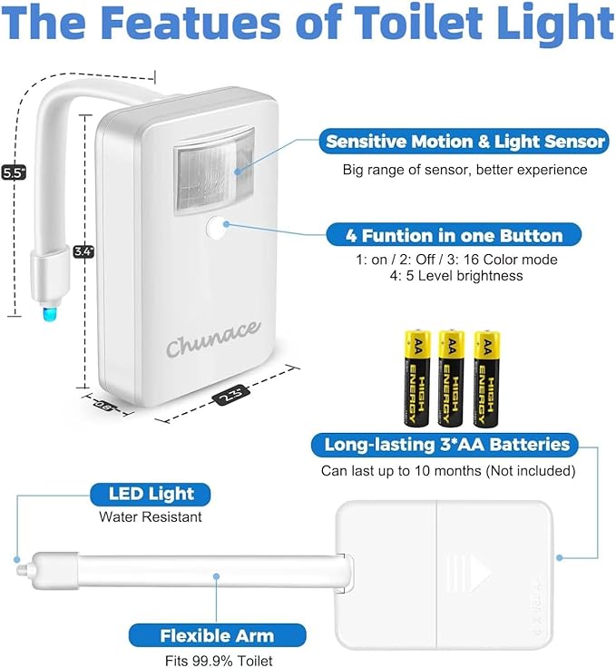 Chunace 4 Pack Toilet Night Light with Motion Activated Sensor, 16 Colors LED Nightlight Inside Bowl, Cool Stuff for Bathroom Decor Accessories, Unique & Funny Gadgets for Men/Kids 2025