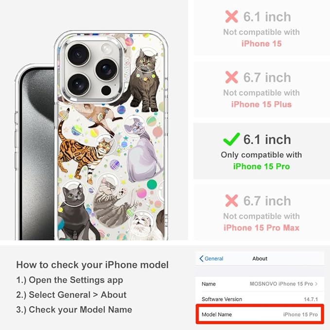MOSNOVO Case for iPhone 15 Pro, [Buffertech 6.6ft Military-Grade Drop Protection] [Anti Peel Off Tech] Clear TPU Bumper Phone Case Cover Design - Space Cat