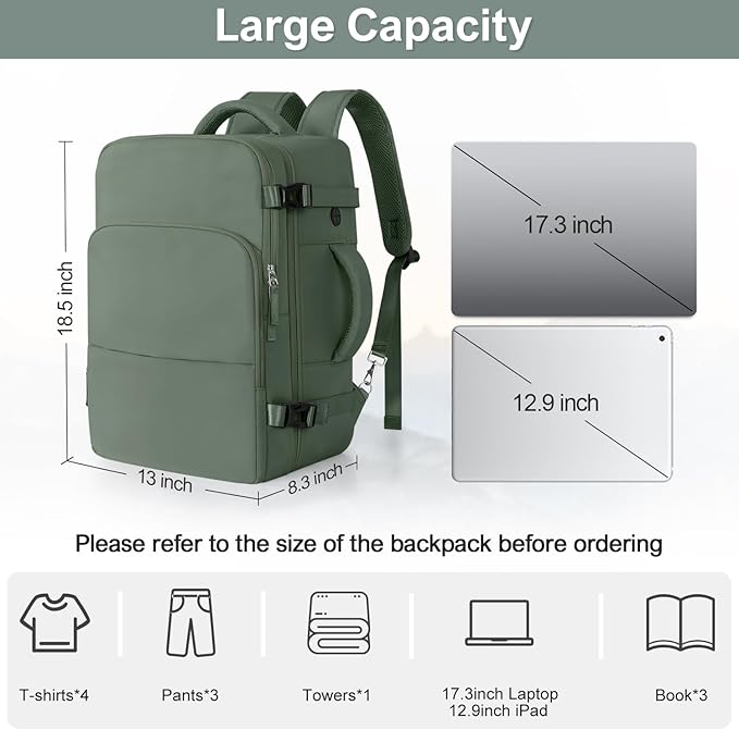 Sinaliy Travel Backpack, Carry on Flight Approved Backpack with Multi-Pockets, TSA Waterproof 17.3inch Laptop Backpack, Personal Item Travel Bag for Men Women, Army Green