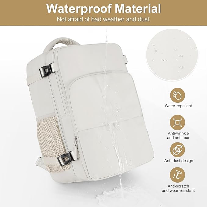 Sinaliy Travel Backpack, Carry on Flight Approved Backpack with Multi-Pockets, TSA Waterproof 17.3inch Laptop Backpack, Personal Item Travel Bag for Men Women, Beige