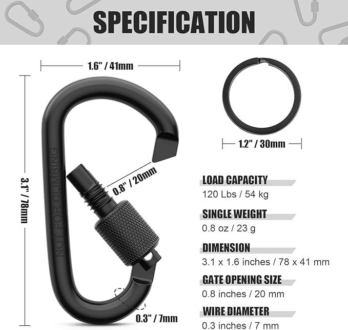 Cridoz Locking Carabiner D Ring Clips with Flat Key Ring