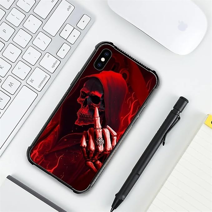 for iPhone X/Xs Case, Gestures Funny Skull Pattern Graphic Design Girl Boy Soft Silicone Hard Acrylic Shock Protection for iPhone X/Xs