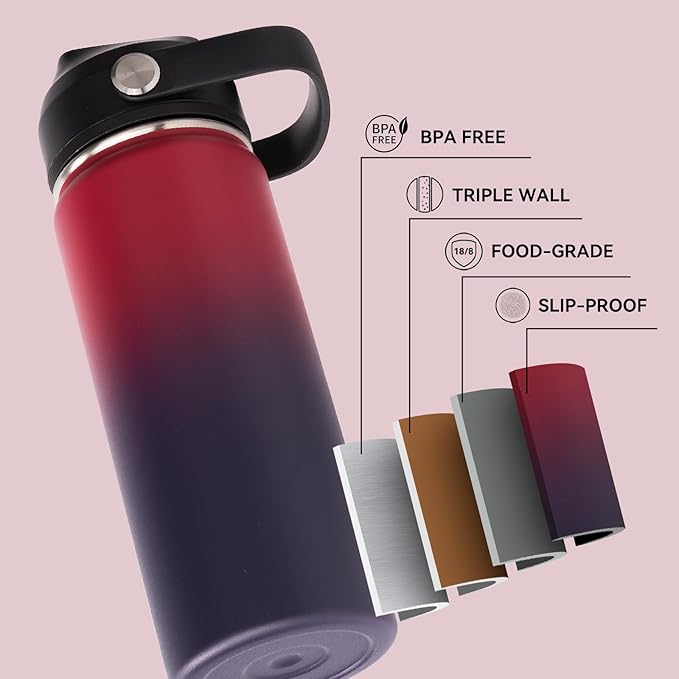 Fijinhom 24oz Insulated Stainless Steel Water Bottle, Wide Mouth Double Wall Vacuum, Silicone Straw, Sweat & Leak Proof, BPA Free Insulated Water Flask for Travel, Keep Cold 24h Hot 12h, Red