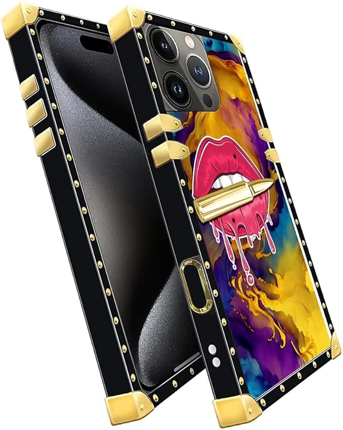 Compatible with iPhone 16 Pro Max Case, Cool Corlorful Lip Marble Luxury Golden Decoration for Girl Women Soft TPU Shockproof Protective Hard PC Back for iPhone 16 Pro Max