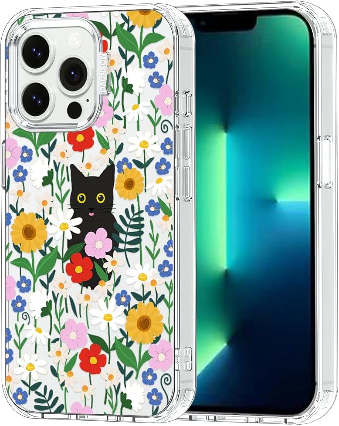 MOSNOVO Case for iPhone 13 Pro, [Buffertech 6.6ft Military-Grade Drop Protection] [Anti Peel Off Tech] Clear TPU Bumper Phone Case Cover Design - Black Cat in Garden