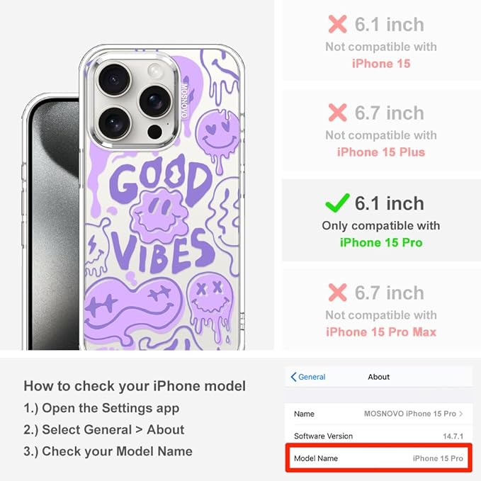 MOSNOVO Case for iPhone 15 Pro, [Buffertech 6.6ft Military-Grade Drop Protection] [Anti Peel Off Tech] Clear TPU Bumper Phone Case Cover Design - Good Vibes