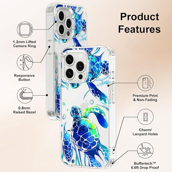 MOSNOVO Case for iPhone 13 Pro, [Buffertech 6.6ft Military-Grade Drop Protection] [Anti Peel Off Tech] Clear TPU Bumper Phone Case Cover Design - Sea Turtles