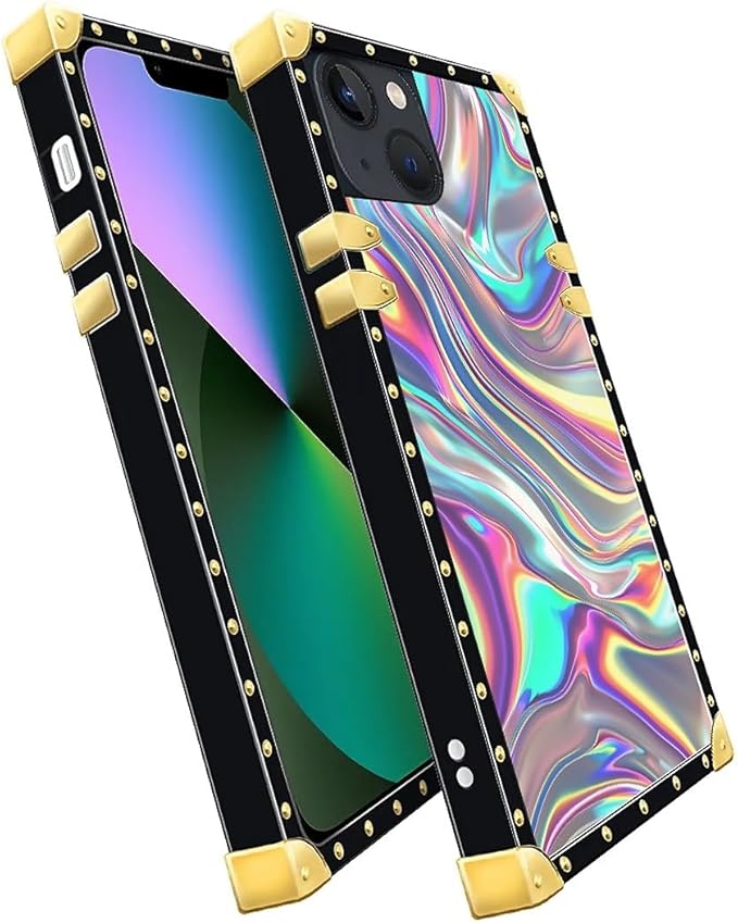 Compatible with iPhone 13 Case, Holographic Abstract Iridescent Textures Luxury Golden Decoration for Girl Women Soft TPU Shockproof Protective Hard PC Back for iPhone 13