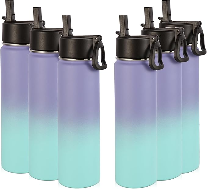Volhoply 24oz Insulated Water Bottle With Straw Bulk 6 Pack,Metal Wide Mouth Water Bottles With Handle Keep Cold,Reusable Double Wall Cups,Powder Coated Sport Bottle For Holder(Purple Blue,6 Count)