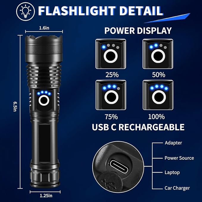 UUYEE 3Pack Rechargeable Flashlights High Lumens, Super Bright Flashlight, 5Modes LED Flashlight Rechargeable, Adjustable Tactical Flashlights High Powered, Flash Lights for Emergency Camping Home