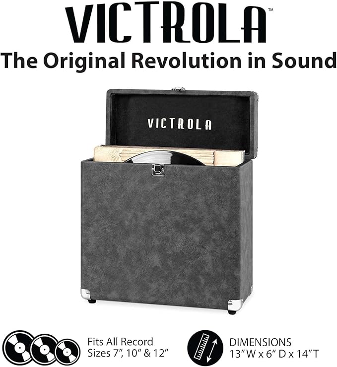 Victrola Vintage Vinyl Record Storage and Carrying Case, Fits all Standard Records - 33 1/3, 45 and 78 RPM, Holds 30 Albums, Perfect for your Treasured Record Collection, Gray, 1SFA (VSC-20-GRY)