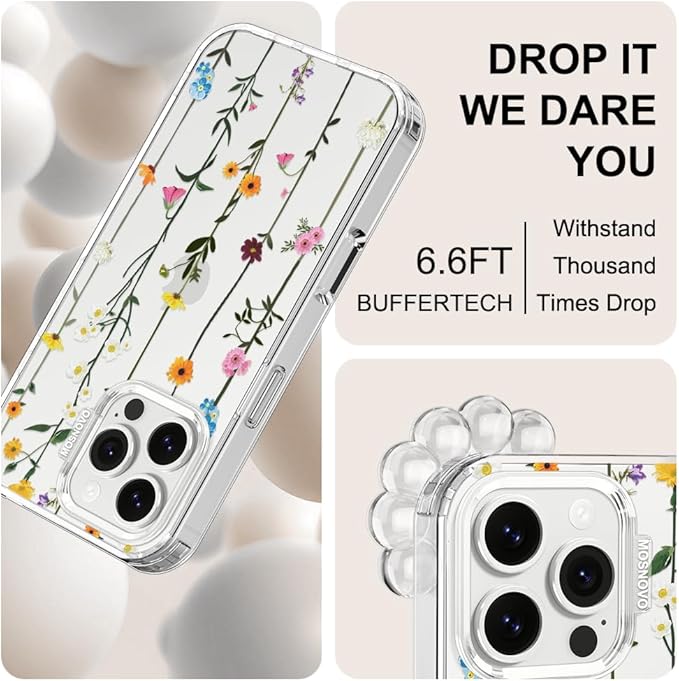 MOSNOVO Case for iPhone 16 Pro Max, [Buffertech 6.6ft Military-Grade Drop Protection] [Anti Peel Off Tech] Clear TPU Bumper Phone Case Cover Design - Wildflowers