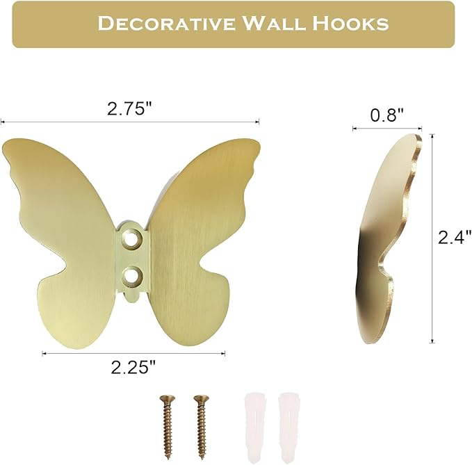 Z metnal Wall Hooks Decorative, Small Modern Gold Brass Hook, Butterfly Bath Towel Hook, Coat Hat Robe Hooks for Girl's Bedroom, Stainless Steel, Wall Mounted, 2 pcs