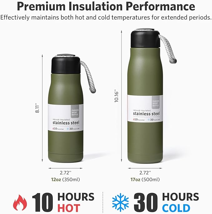 Small Water Bottle 12 oz, Dusgut Insulated Water Bottle, Stainless Steel, Wide Mouth Portable Lid, Army Green