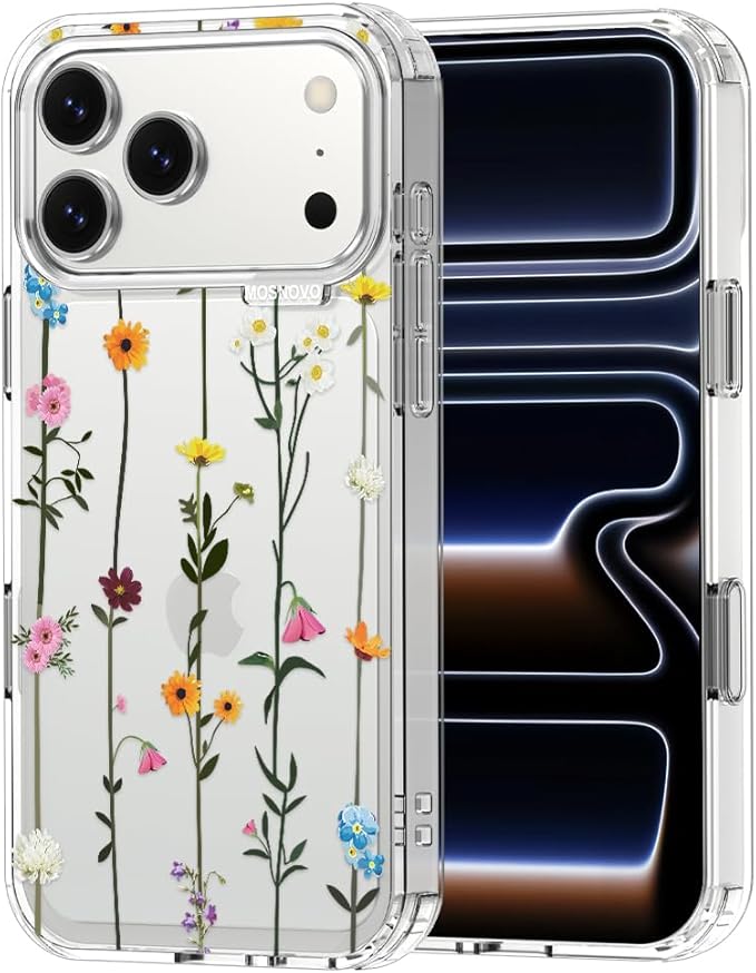 MOSNOVO for iPhone 17 Pro Max Case | Military Grade 6.6ft Drop Tested | Camera Control | Clear with Wildflowers Design