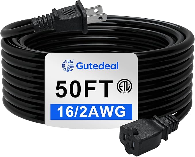 Extension Cord 50 Ft-2 Prong Outdoor Extension Cord,16AWG 13A 1625W Waterproof Extension Cable for Garden, Lawn, Outdoor Power Tools（Black）