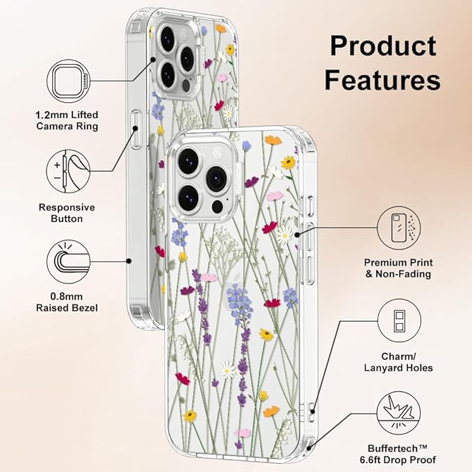 MOSNOVO Case for iPhone 13 Pro Max, [Buffertech 6.6ft Military-Grade Drop Protection] [Anti Peel Off Tech] Clear TPU Bumper Phone Case Cover Design - Floral Garden