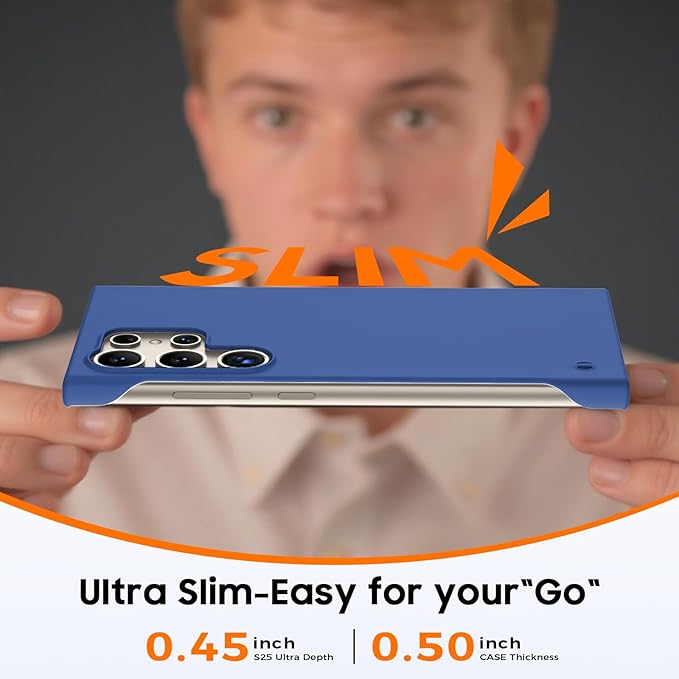 GRECAZO Slim Borderless for Samsung Galaxy S24 Ultra Phone Case 6.8"(2024) Ultra-Thin Lightweight Frameless Matte Hard PC Cover Case with Pull Ring Minimalist Non Slip Rope-Blue