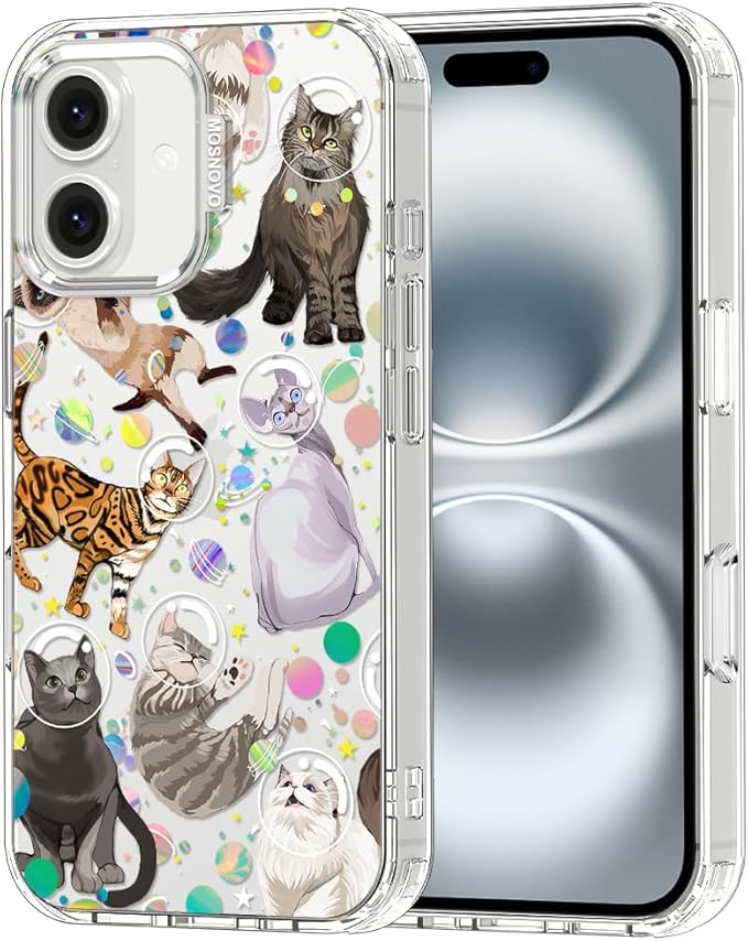 MOSNOVO Case for iPhone 16, [Buffertech 6.6ft Military-Grade Drop Protection] [Anti Peel Off Tech] Clear TPU Bumper Phone Case Cover Design - Space Cat