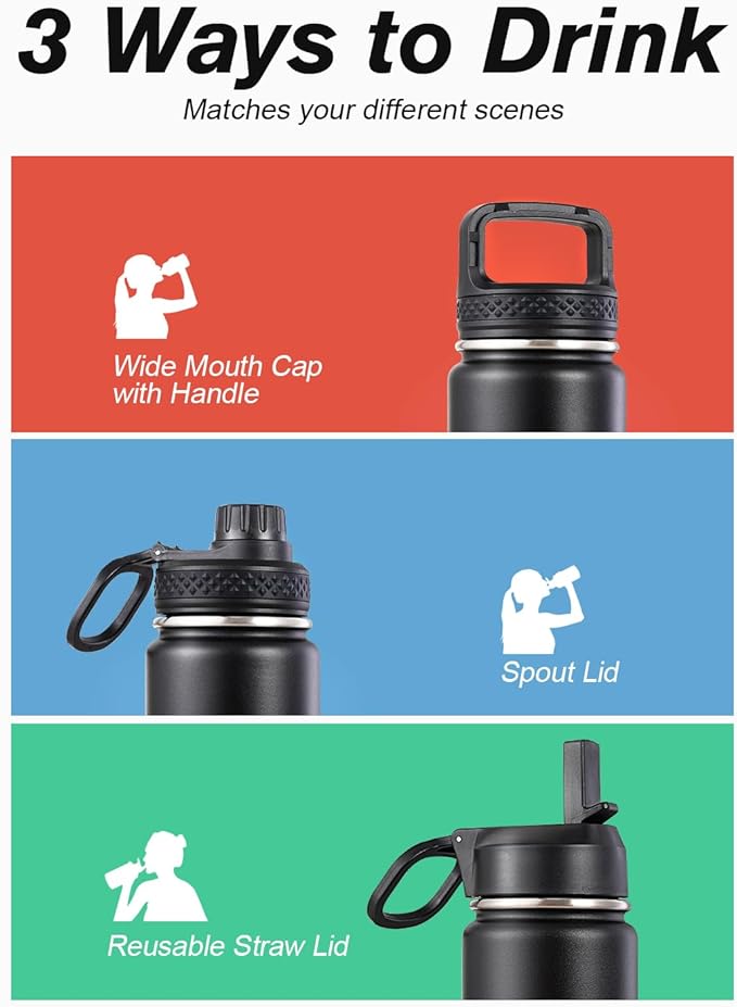 Coolflask Water Bottle 20 oz Insulated with Straw, Stainless Steel Metal 3 Lids Water Flask Wide Mouth for Sports or Office, Non-BPA Keep Cold Up to 48 Hrs or Hot Up to 24 Hrs, Magic Black