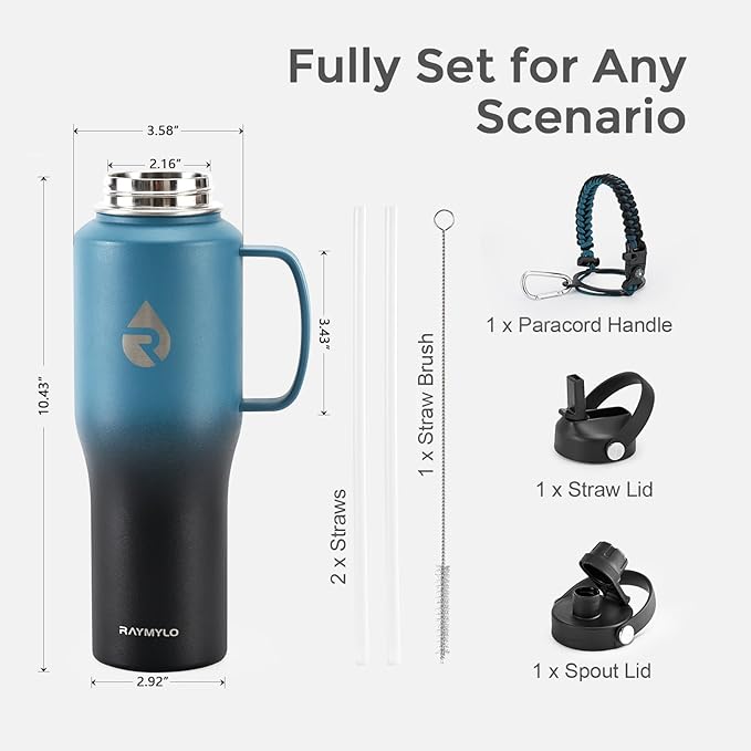 RAYMYLO 32oz Stainless Steel Water Bottle (Cold for 48 Hrs, Hot for 24 Hrs), Triple Wall Vacuum Insulated Water Bottle with Straw Lid, Spout Lid and Paracord Handle, Leakproof, Fit in Any Car Cup