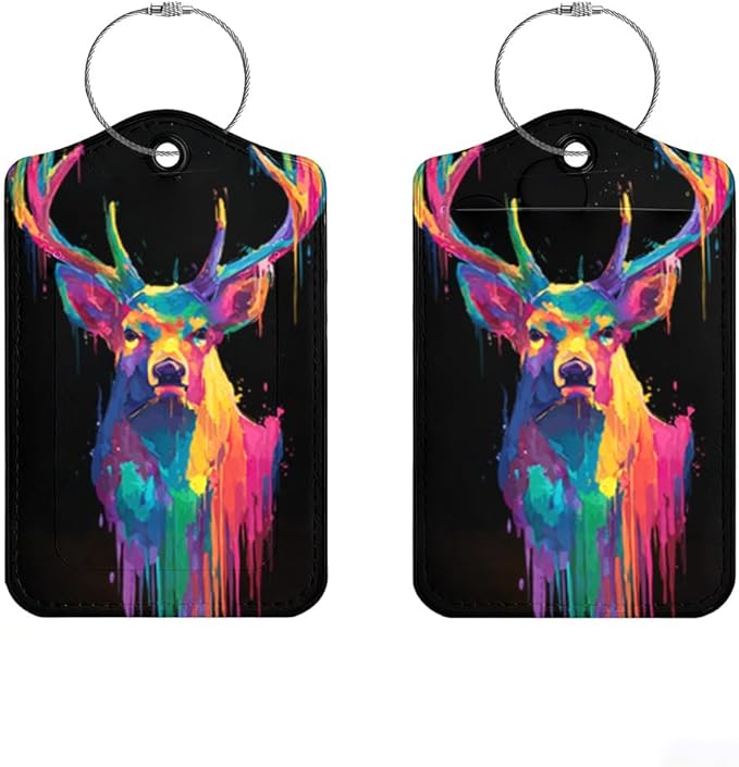 2Pcs Vibrant Deer Luggage Tags for Suitcases, 2.83x4.53 Artistic Animal ID Labels with Privacy Cover, Neon Geometric Bag Tags for Backpacks, Travel Gifts for Men & Women, Set of 2