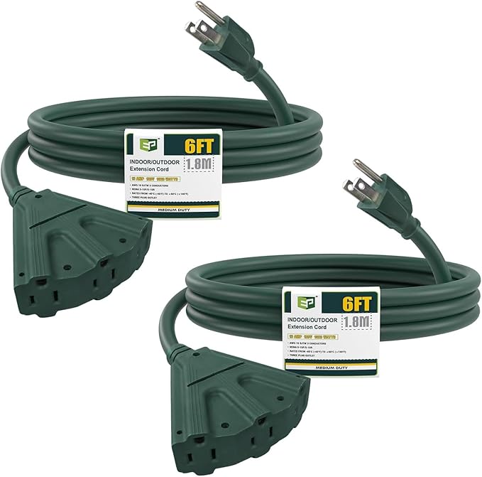 EP 2 Pack 6 Ft Outdoor Extension Cord with 3 Electrical Power Outlets - 16/3 SJTW Green Cable with 3 Prong Grounded Plug for Safety Great for Christmas Lights, Garden and Major Appliances