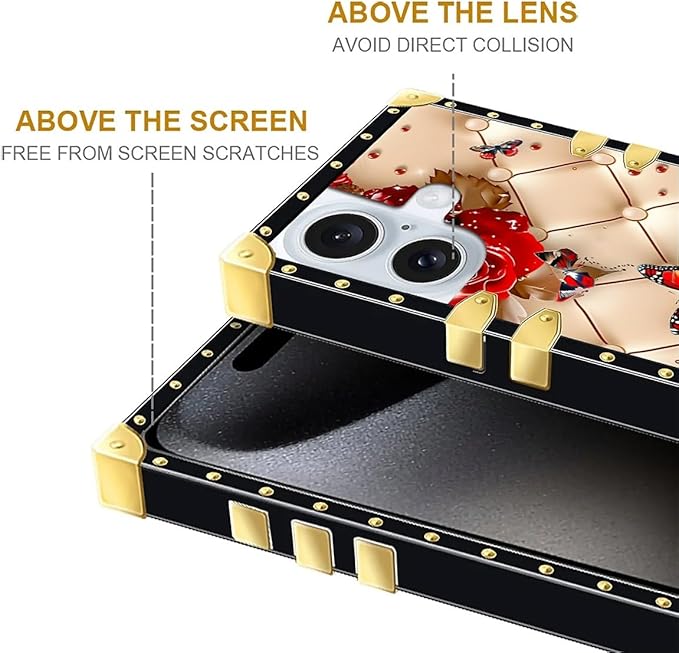 Compatible with iPhone 16 Plus Case, Shining Red Rose Butterfly Leather Background Luxury Golden Decoration for Girl Women Soft TPU Shockproof Protective Hard PC Back