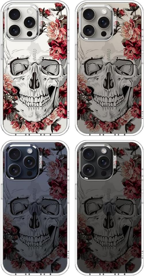 MOSNOVO Case for iPhone 15 Pro Max, [Buffertech 6.6ft Military-Grade Drop Protection] [Anti Peel Off Tech] Clear TPU Bumper Phone Case Cover Design - Red Flower Skull